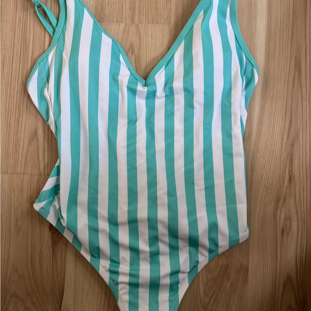 Kona Sol Green and White One Piece Swimsuit with Classic Stripes